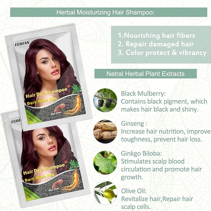 10 PCS Dark Wine Red Hair Dye Shampoo 3 in 1, Burgundy Hair Dye for Men Women, Red Hair Shampoo - Easy To Use, Long Lasting Herbal Red Hair Dye (Dark wine red)