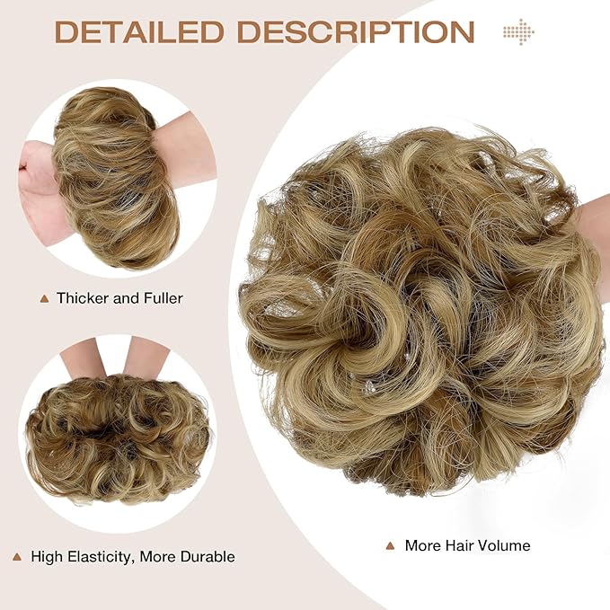 Messy Bun Hair Piece Wavy Curly Scrunchies Fluffy Donut Thick Updo Elegant Chignon Hairpieces for Women Girls, Ash Blonde Mix Ginger Brown 1.4oz