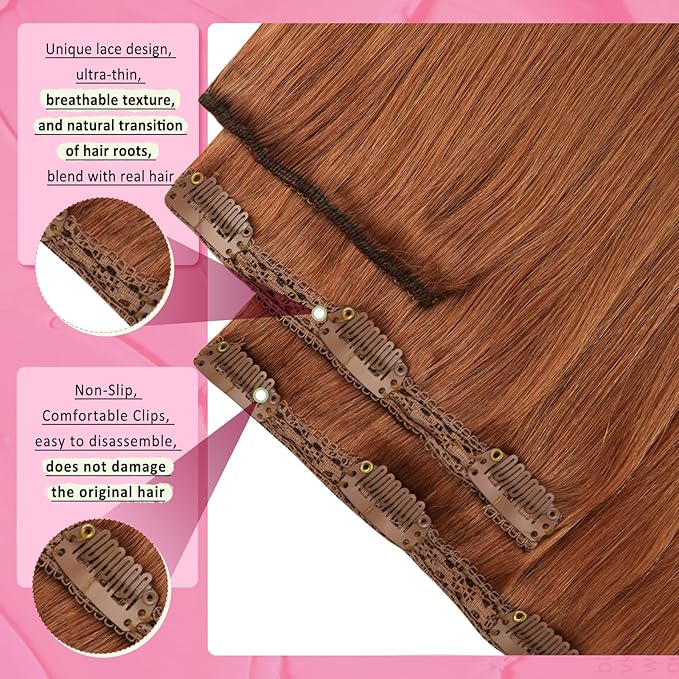 YoungSee Clip in Human Hair Extension Copper Real Hair Clip in Extension Copper Real Human Hair Extensions Clip ins Dyable Remy Hair for Women 14Inch 7Pcs 120g