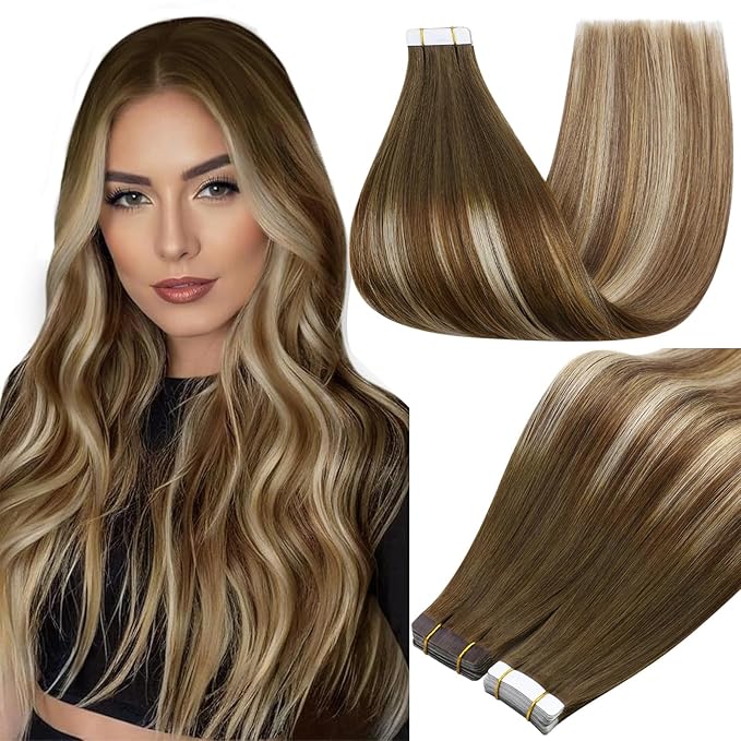 Full Shine Balayage Tape in Extensions Color 4 Brown Ombre 27 Caramel Blonde And 60 Blonde Highlight 8 Ash Brown 22Inch Long Tape in Hair Extensions Real Human Hair 50Gram 20Pcs Remy Hair Extensions