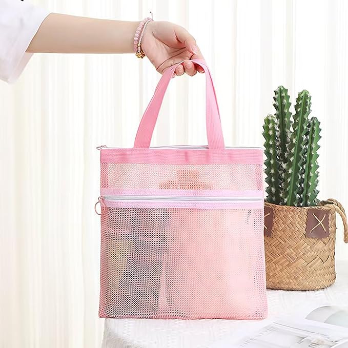 Mesh Shower Caddy Portable Quick Dry Tote Bag with Zipper & 2 Pockets, Large Caddy Mesh Shower Organizer for College Dorm, Swimming, Gym, Beach, Travel Essentials (Pink)