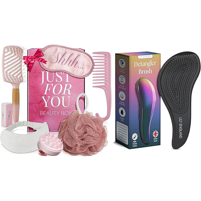 Detangling Brush for Women with Flexible Bristles and Mom Birthday Gift Set - 7-Piece Luxury Spa Gift Kit with Brush & Eye Mask