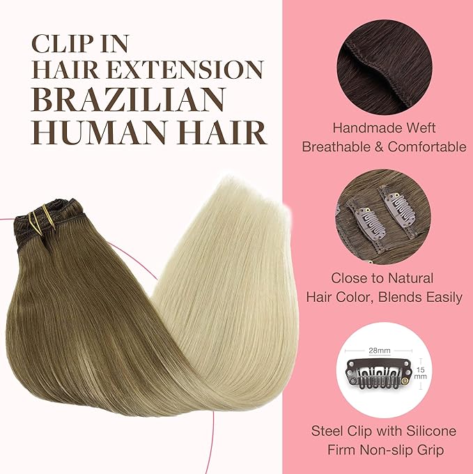 GOO GOO Clip in Hair Extensions Real Human Hair, Remy Human Hair Extensions Clip ins for Women, Natural Human Hair, 14inch 120g 7Pcs, 9/60 Balayage Ash Brown to Platinum Blonde