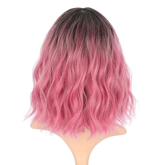 FAELBATY Ombre Red Wig With Bangs Short Wave Bob Synthetic Cosplay Wig for Women Halloween - 12" Ombre Rose Red Color