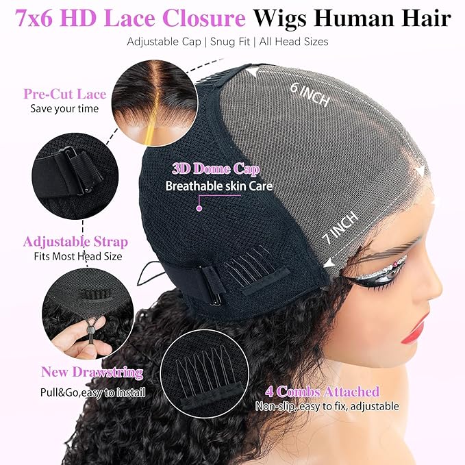 7x6 Burmese Curly Glueless Wigs Human Hair Pre Plucked Pre Cut 250% Density Drawstring Wig for Black Women 7x6 HD Lace Front Wigs Human Hair Glueless Wear and Go Nautural Color 26 Inch