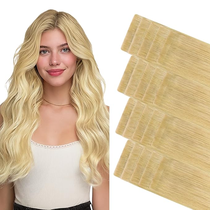 GOO GOO Invisi Edge Tape in Hair Extensions Human Hair, 18AT60A Pearl Ash Blonde Highlights 20pcs 16inch 50g, Virgin Remy Hair, Seamless Injected Tape, Natural Look