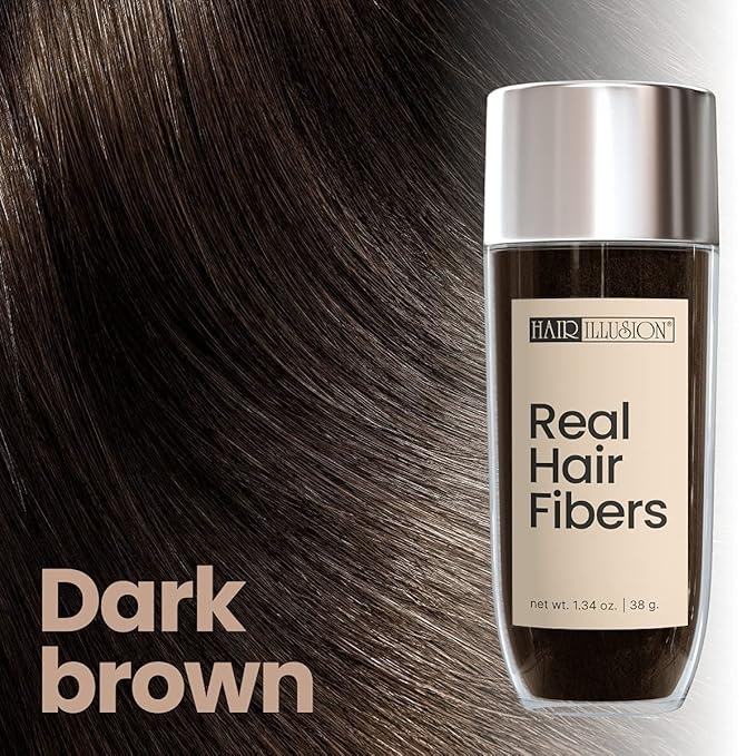 Hair Illusion Dark Brown Real Hair Fibers for Thinning Hair - 100% Natural Texture, Non Synthetic Hair Fibers - Bald Spot Cover Up for Women & Men - 38 Gram
