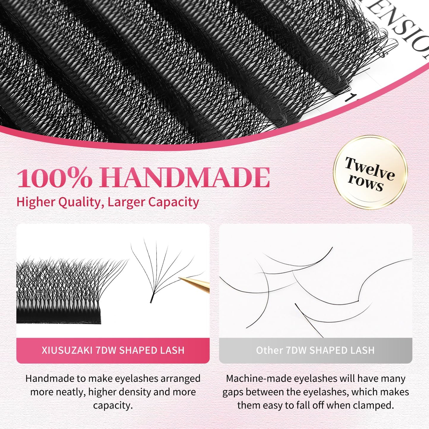 W Lash Extensions Supplies 7D Eyelash Extensions W Shape 0.07mm Thickness D Curl 11mm Premade Fans Easy Fan Lashes Volume Matte Black 12 Rows Crisscross Eye Lashes(W-7D-0.07-D,11mm)