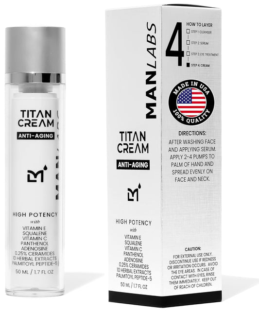 Titan Anti-Aging Mens Face Cream – Mens Face Moisturizer – For Men, Face Lotion – Men, Skin Care – Tighten, Tone, Revitalize – Ceramides, Vitamin C & E, Squalane – All Skin Types – Unscented
