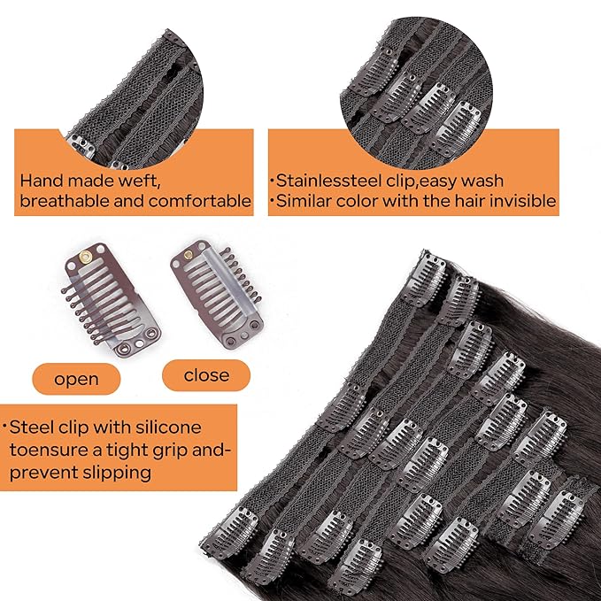 Straight Clip In Hair Extensions Real Human Hair 8Pcs Clip In Dark Brown Human Hair Extensions with 18Clips Lace Weft 120g 24inch