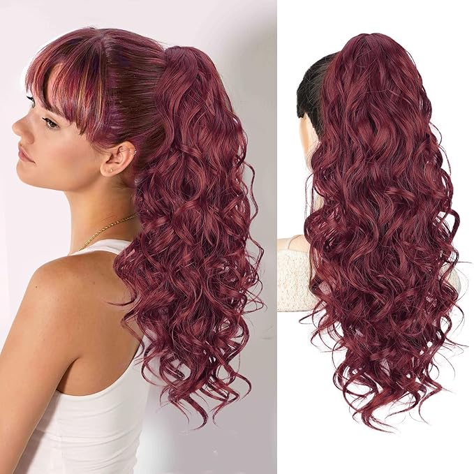 QGZ 20" Wavy Ponytail Extension, Claw Clip Ponytail Hair Extension, Natural Synthetic Hairpiece for Women Daily Use(Burgundy)