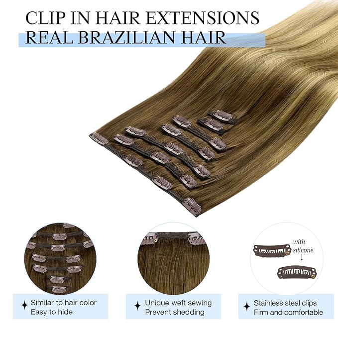 DOORES Hair Extensions Clip in Human Hair, Medium Brown Highlighted Dirty Blonde 14 Inch 7pcs 100g, Real Extensions Clip in Remy Straight Balayage Natural Thick Weft