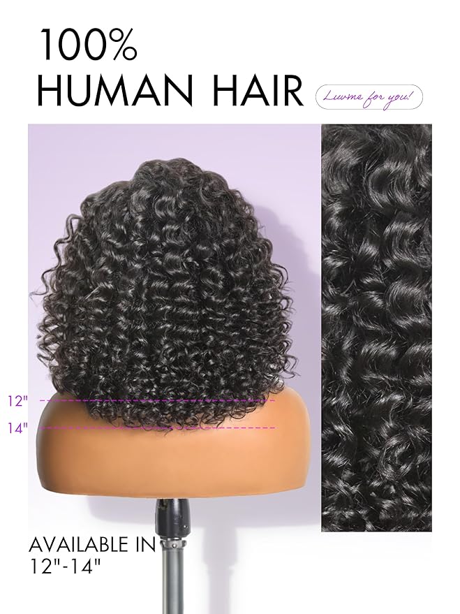 LUVME HAIR 100% Human Hair Wigs Curly Deep Wave Glueless Lace Front 12 Inches, Pre Cut Plucked Hd Lace Short Wig Ready To Go Natural Color Straight Bleached Knots Side Part Black Wigs