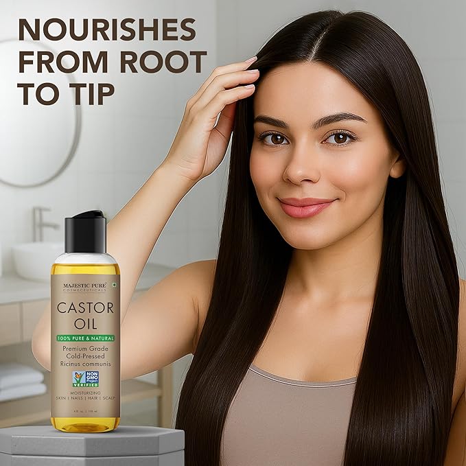 Majestic Pure Castor Oil - 100% Pure & Natural - Premium Grade, Cold Pressed, Hexane Free - Hair, Eyelashes, Eyebrows, Nails - Moisturizing & Nourishing - 4 Fl Oz