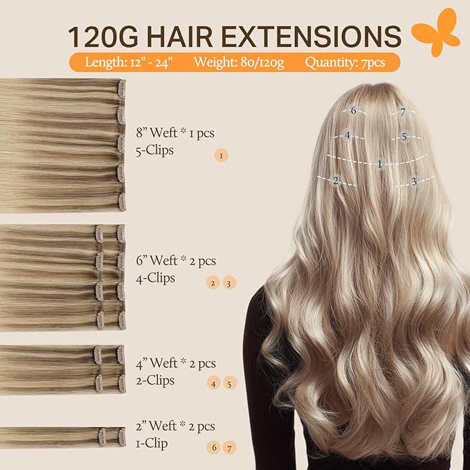 DOORES Clip in Hair Extensions Balayage Medium Copper to Sandy Blonde 120g 7pcs 16 Inch, Real Human Hair Extensions Clip in Straight Natural Remy Weft