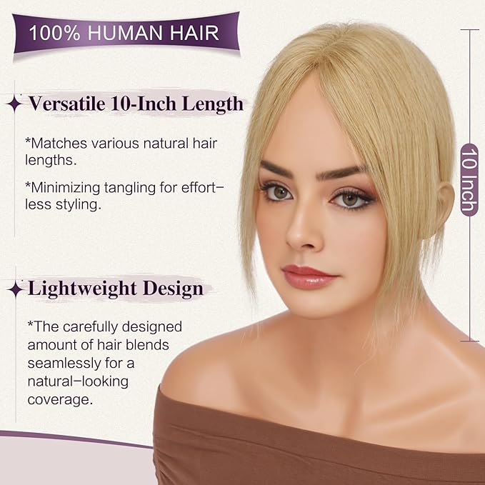 RUWISS Hair Toppers for Women Real Human Hair - Lightweight Clip-in Hair Piece for Thinning Hair, Fluffy Straight Hair Topper without/with Bangs, Golden Blonde Mixed Bleach Blond