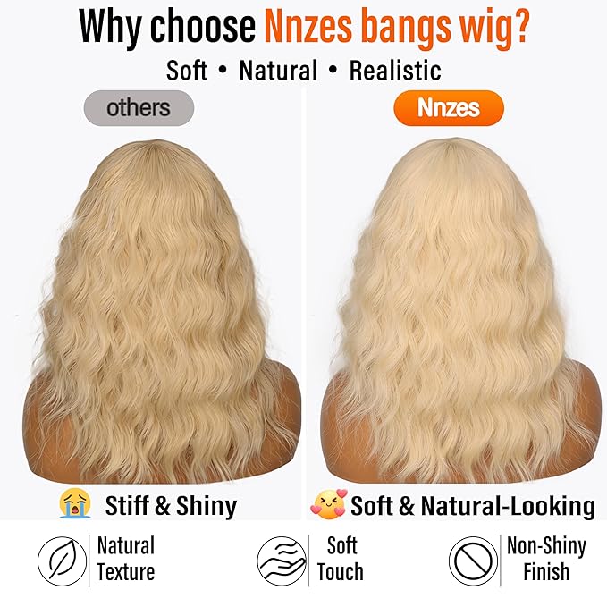 Nnzes Short Wavy Bob Wig with Bangs for Women Shoulder Length Curly Soft Ash Blonde Synthetic Heat-Resistant Fiber Hair for Daily & Party Use