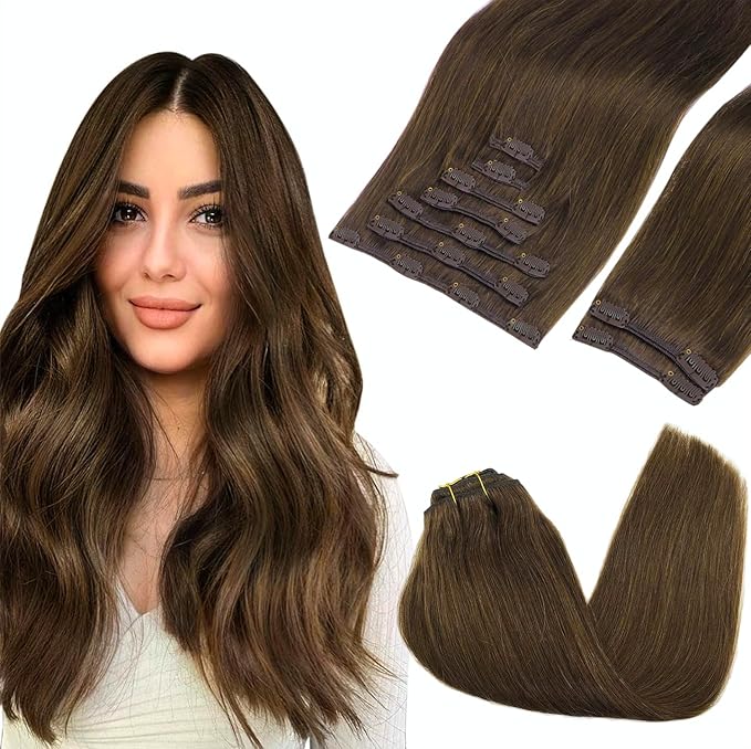 GOO GOO Clip in Hair Extensions Real Human Hair, Remy Human Hair Extensions Clip ins for Women, Natural Human Hair, 26inch 260g 9Pcs, #4A Chocolate Brown