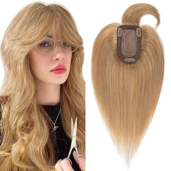 SEGO Hair Toppers for Women Real Human Hair with Thinning, with Front Bangs Clip in Toppers Straight 150% Density Silk Base -18 Inch #27 Dark Blonde