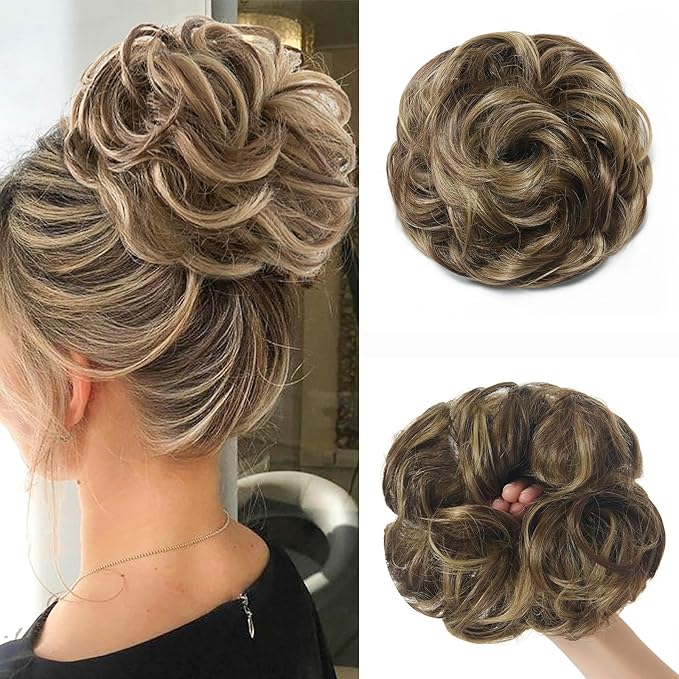 Large Messy Bun Hair Piece Curly Synthetic Extensions Scrunchies Fake Chignon Updo Hairpieces for Women Chestnut Brown Highlights