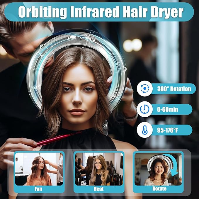 3 in 1 Orbiting Infrared Hair Dryer - 1000W Professional Infrared Hooded Dryer Steamer with Wheels and 6 Modes, Adjustable Height, Hair Color Processor for Home Salon Use