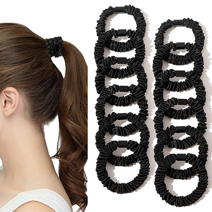 Satin, Silk Hair Ties Black Small Mini Scrunchy for Women Thick Hair Accessories Cute Soft No Slip Hair Elastics Ponytail Holder for Curly Hair No Damage Hairties Gift for Girls