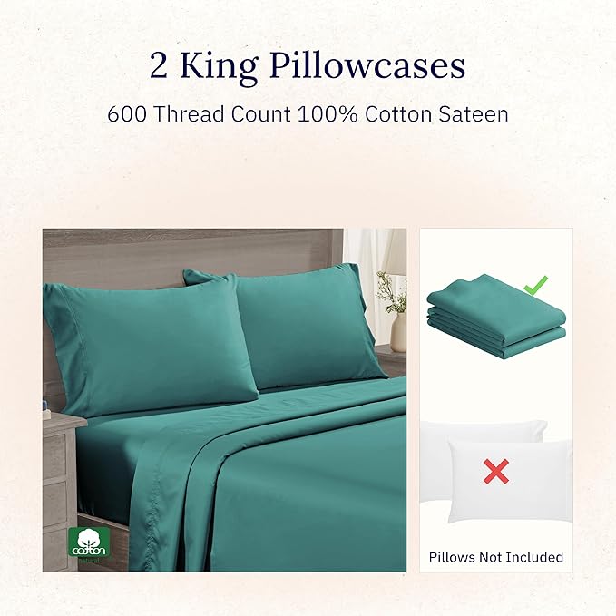California Design Den Pillow Case King Size Set of 2 - Luxuriously Soft, Premium 600 Thread Count, 100% Cotton Pillow Cases King, Crisp Sateen - Teal