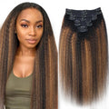 Kinky Straight Clip in Hair Extensions Real Human Hair For Women Highlight Hair Extensions Kinky Straight Clip ins (14inch,T1BP1B/30)
