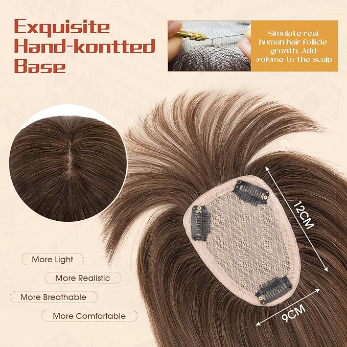 Rich Choices Human Hair Toppers for Women-100% Real Remy Hair Topper with 3D 360°Bang-Upgraded 150% Density 9 * 12CM Lace Base-Clip in Hairs topper for Thinning Hairs-12Inch #2R Chocolate Brown