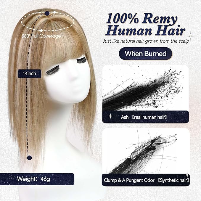 starluck Hair Toppers for Women Real Human Hair With Bangs, 100% Remy HumanHair Toppers for Women Hand-woven with Thinning,Cover Gray Roots,Adds Volume,Mixed Blonde And Brown