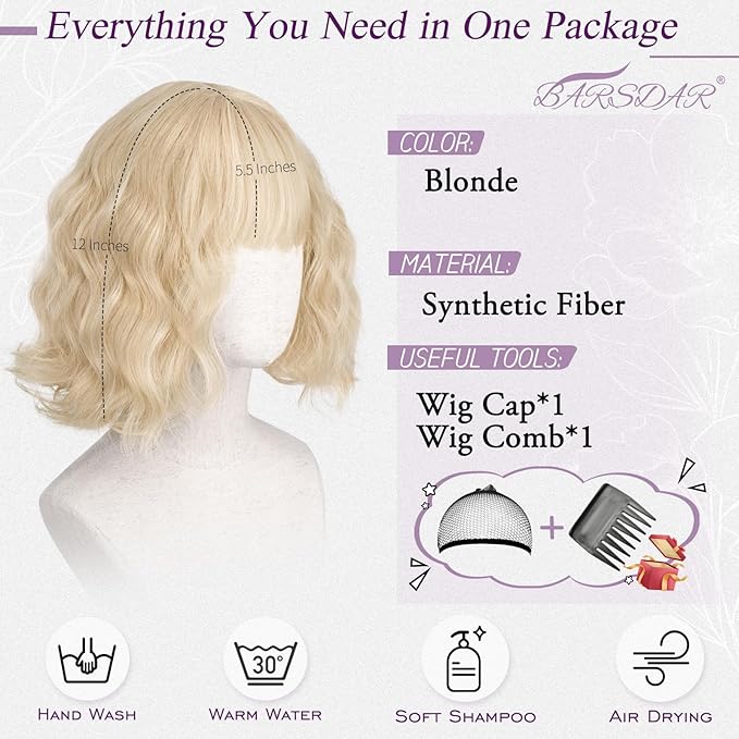 BARSDAR Light Blonde Short Wavy Wig with Bangs - Short Wavy Blonde Wigs for Women - Soft Synthetic Textured Curly French Bob Wig with Bangs Natural Looking Face-Framing Daily Party Halloween
