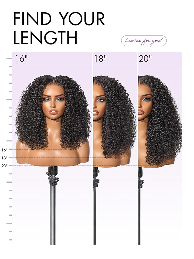 LUVME HAIR 5X5 Kinky Curly 200% Human Hair Wigs Glueless Lace Front 20 Inches Pre Cut Plucked Hd Lace Wig Ready To Go Natural Color Flexi-Fit Drawstring Cap Bleached Knots Black Wigs