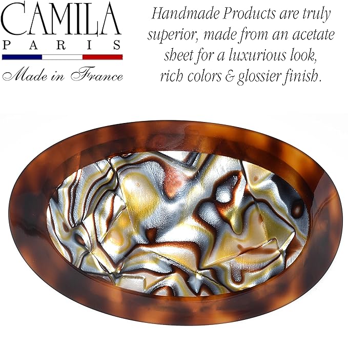 Camila Paris CP3644 French Hair Barrette Clip Oval Brown and Onyx, Strong Hold Grip Hair Clips for Women, No Slip Rubberized Metal Closure, Durable Styling Girls Hair Accessories, Made in France