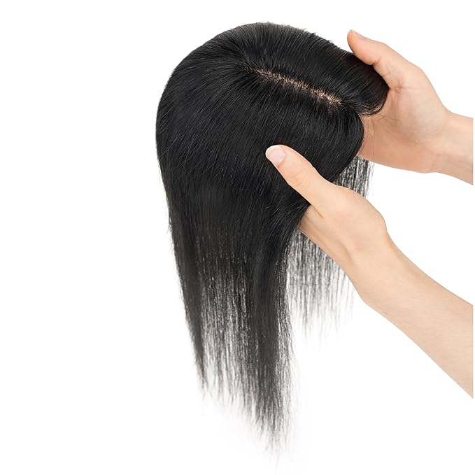 Hairro Human Hair Toppers Free Parted, 3.5x4.7" Base Hand-wovened 100% Real Hairpieces, with Invisible Clips-in for Women, for High Hairline/Adding Volume on Top, 16 Inch Jet Black