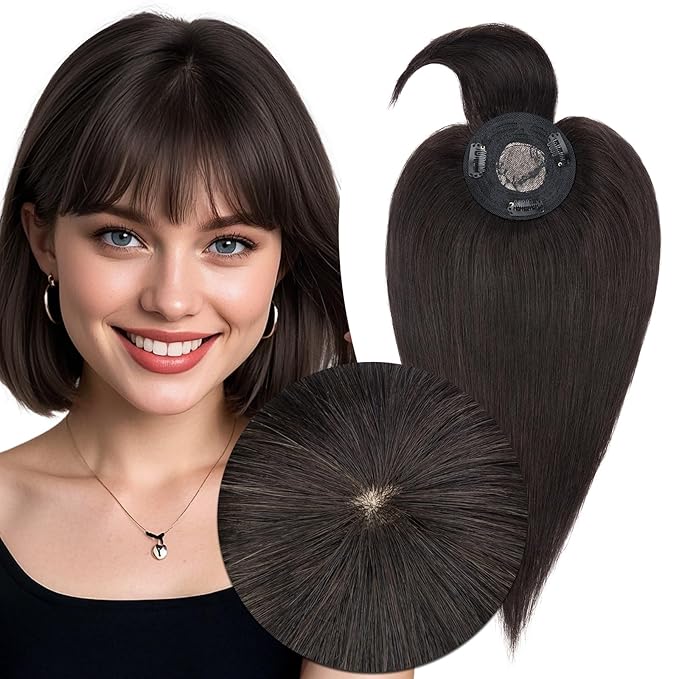 MY-LADY Human Hair Toppers for Women Real Human Hair with Bangs Thin 8.5 * 8.5CM Mono Base Clip in Remy Hairpieces Light Weight 14 Inch Natural Black