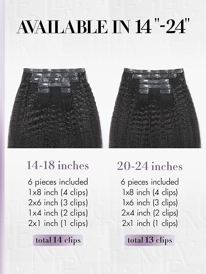 LUVME Invisible Clip in Hair Extensions, Kinky Straight Real Human Hair 20 Inch 2 Pack 220g 14pcs Clip ins Hair Extensions Natural Black for Women