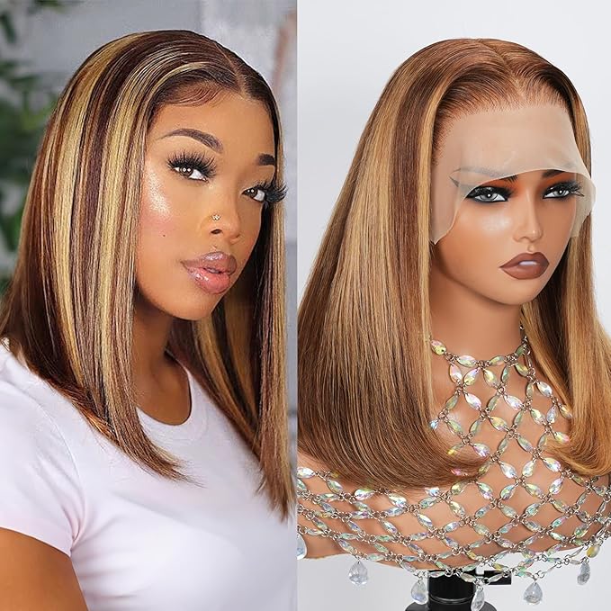 210% Density 13x6 Highlight Ombre Full Lace Frontal Bob Wig Human Hair 12A Brazilian Virgin Human Hair Pre Plucked 4/27 Honey Blonde HD Transparent Lace Glueless Wigs Human Hair 14 Inch