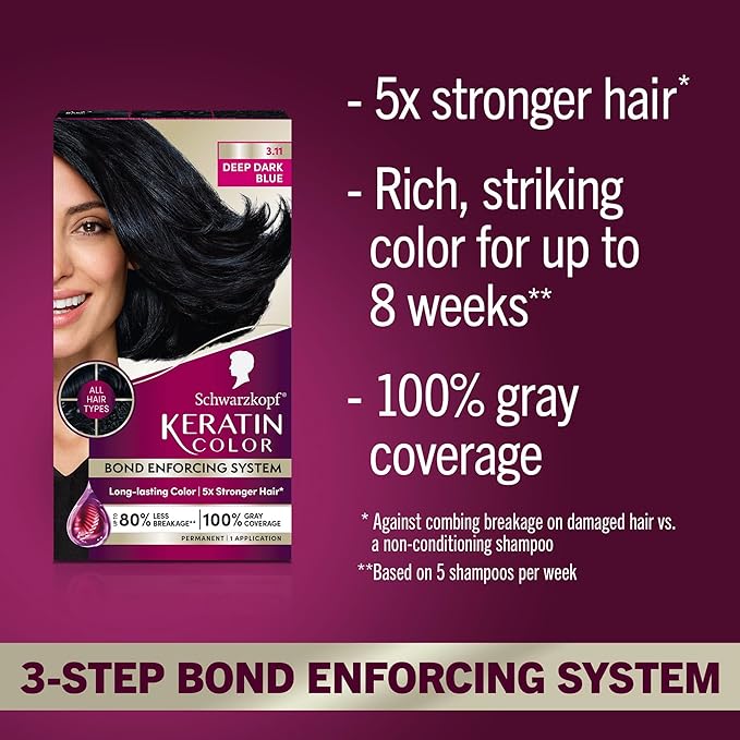 Schwarzkopf Keratin Permanent Hair Dye Cream, 3.11 Deep Dark Blue, Professional Quality Color for Up to 100% Gray Coverage, Bond Enforcing System (Pack of 2)