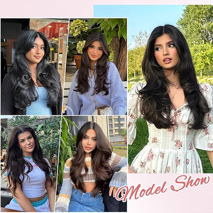 ALXNAN Long Wavy Layered Hair Extensions for Women, Clip in Hair Extensions Clip Ins Soft Full Head Synthetic Hairpieces 16 Inch Black