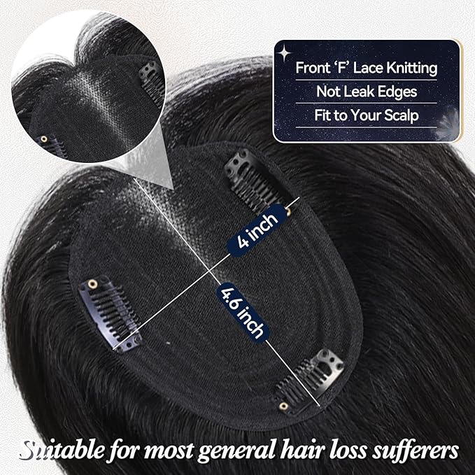 starluck Human Hair Topper for Women with Thinning Hair, 100% Real Human Hairpiece, 4.6 * 4 Inch Upgrade SilkHug Swiss Lace Base Hairpiece,14 Inch, No Bangs (Black)