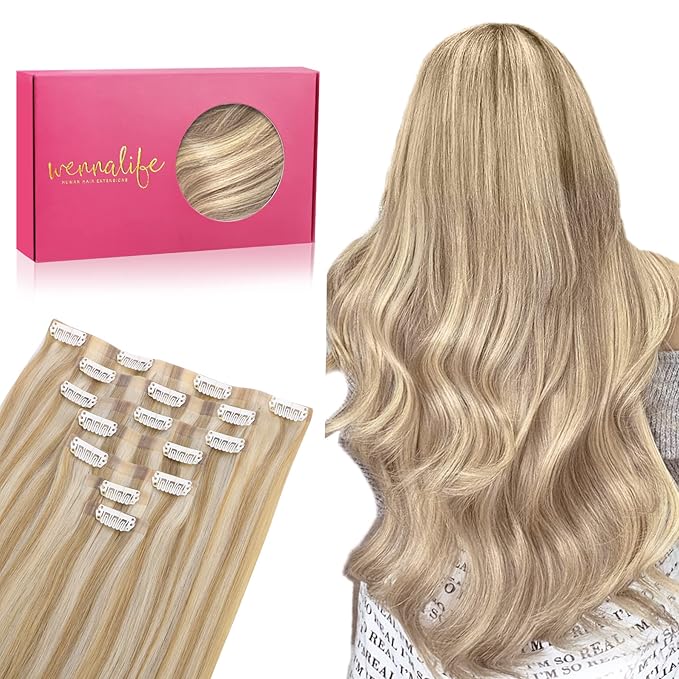 WENNALIFE Seamless Clip In Hair Extensions, 18 Inch 130g 7pcs Dirty Blonde Highlighted Bleach Blonde Hair Extensions Clip in Human Hair Invisible PU Skin Weft Natural Remy Human Hair Extensions
