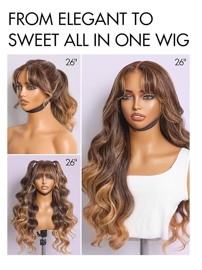 LUVME HAIR 7x6 HD Lace All-Day Comfort Wig with Bangs 200% Density Hair Lace Wigs Ombre Blonde Highlight Loose Body Wave Lace Front Wigs Human Hair Pre Cut Plucked Glueless 24 Inches