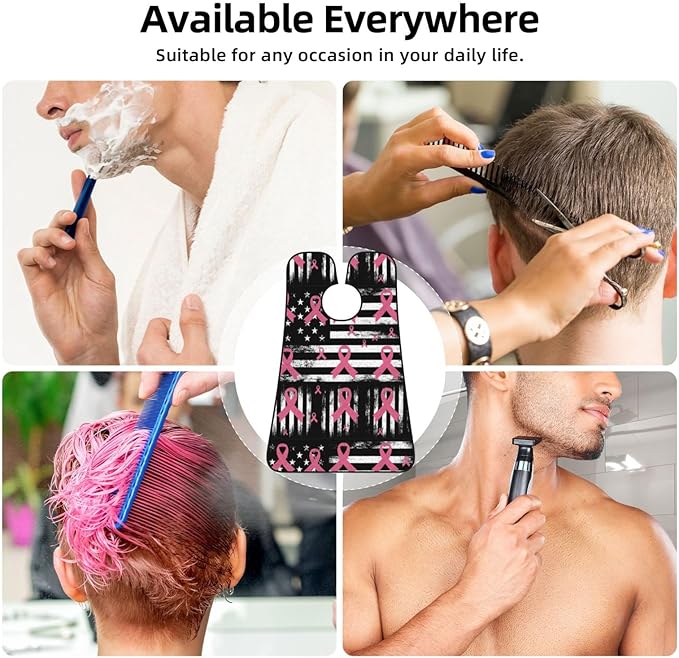 Waterproof Beard Grooming Bib, Breast Cancer Awareness Ribbons American Flag Black Shave Bib, Non-Stick Hair Catcher for Shaving Trimming, Apron Essential for Men Dad