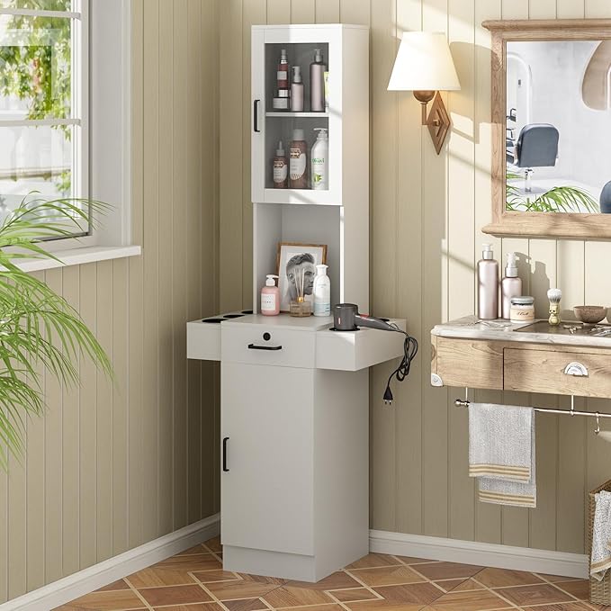 Salon Station for Hair Stylist,Hair Styling Storage Cabinet with Glass Door,Tool Dryer Holders, Salon Beauty Spa Barber Hair Staion, White
