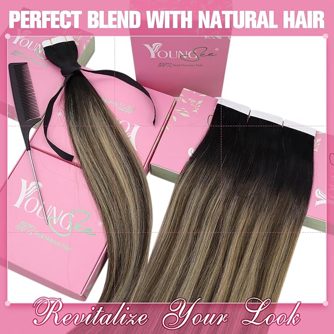 YoungSee Tape in Hair Extensions Real Human Hair Balayage Tape in Hair Extensions Black Ombre Brown with Blonde Tape in Extension Remy Hair Short 12In 20pcs 30g for Adding Volume