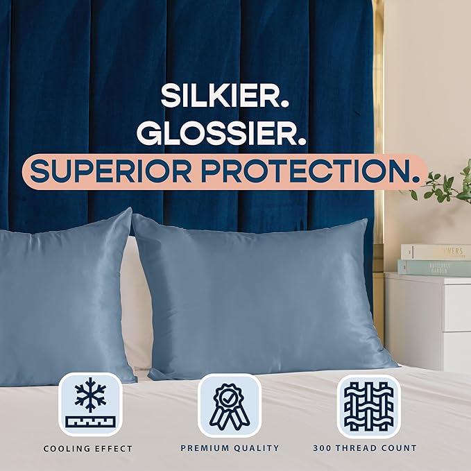 BLISSFORD Satin Pillowcase with Zipper, for Hair and Skin Care, Feels Soft and Cool Like a Silk Pillowcase, Satin Pillow Cases 2 Pack, Slik Pillow Cover, Slate Blue - Queen Size, Set of 2