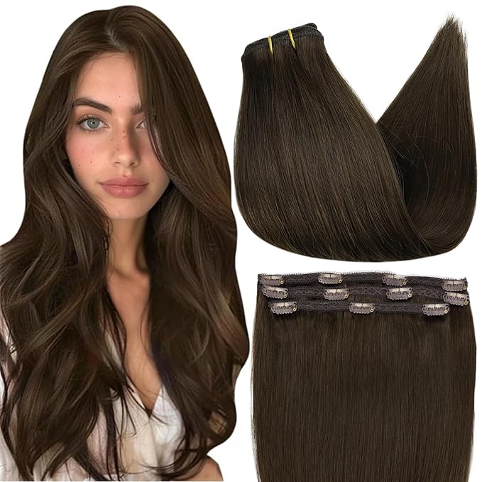 Full Shine Real Hair Extensions Clip in Human Hair 10 Inch Dark Brown Clip in Hair Extensions Remy Natural Hair Clip ins for Thin Hair Add Volume 60 Grams 3 PCS