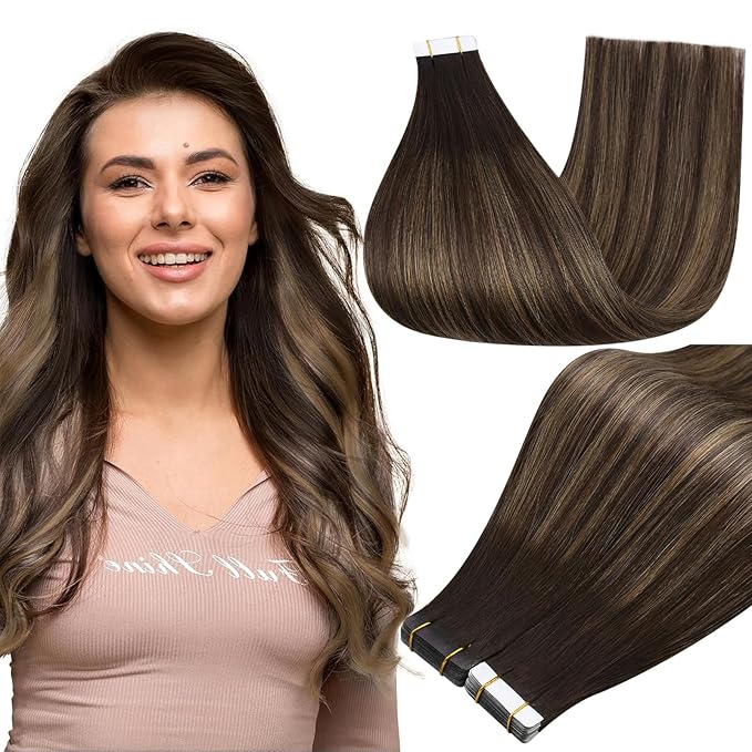 Full Shine Tape in Hair Extensions Rooted Tape in Extensions Real Human Hair 18Inch Straight Extension Ombre Balayage Brown Remy Seamless Skin Weft 20Pcs Color 2/8/2 50Gram Add Length