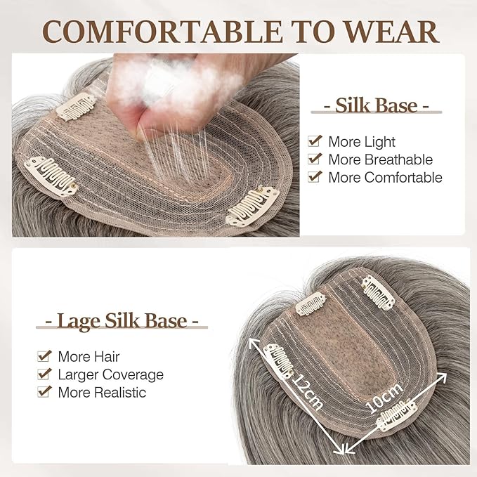 Rich Choices Hair Toppers for Women Real Human Hair 100% Human Remy Toppers NO Bangs for Women with Thinning on Top Clip in Hairpiece 4"x4.7"Lace Base 14 Inch Salt and Pepper G2 Sliver