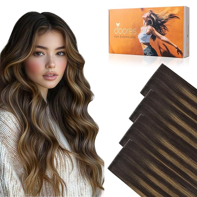 DOORES Invisi Edge Tape in Wide Hair Extensions Human Hair, Dark Brown to Chestnut Brown 4PCS Injection Tape ins 20g 14 Inch, Virgin Human 3 Inch Wide Injected Extensions Invisible